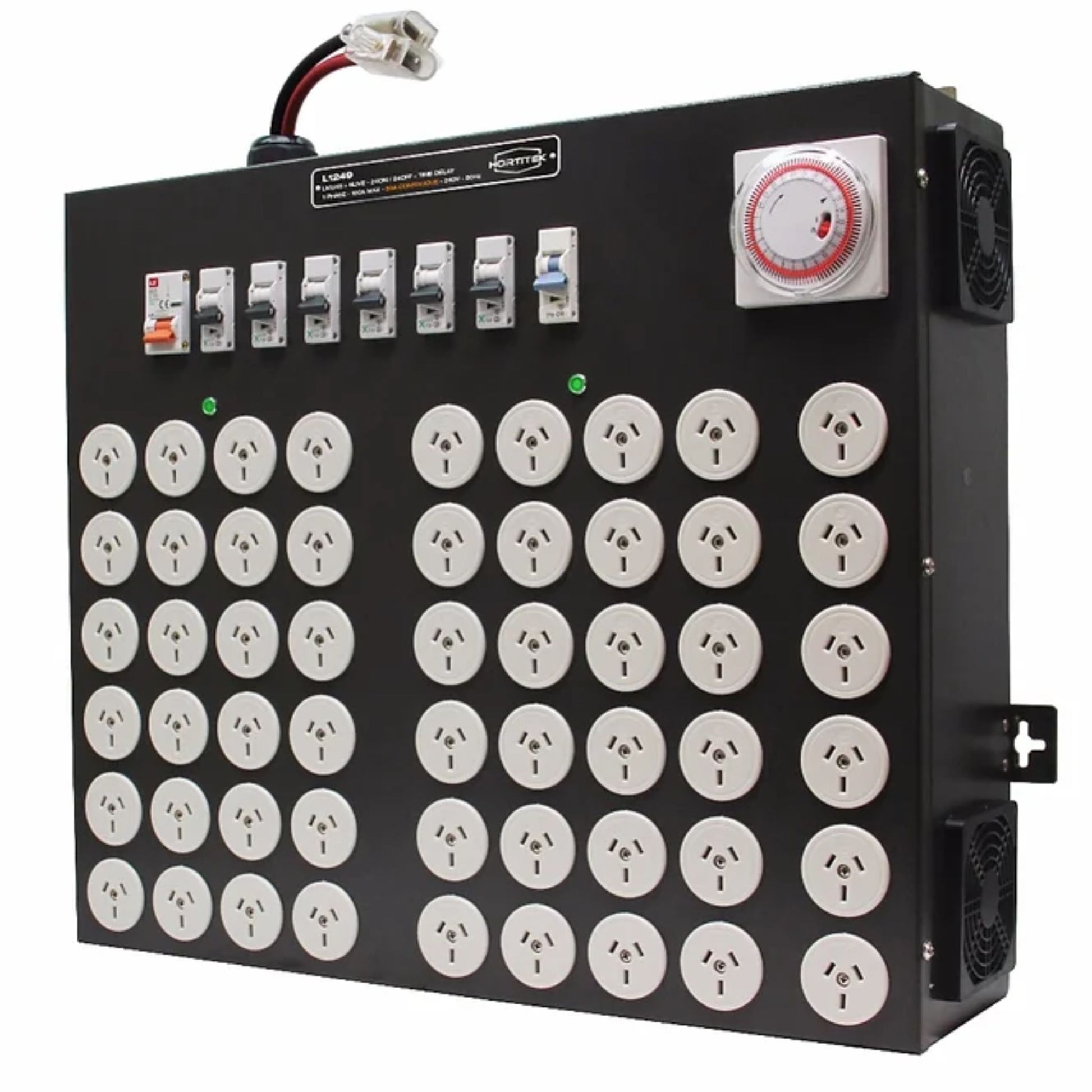 Side angle view of the Hortitek LMU 48 + 6 LIVE, 100A, 1-Phase light management unit, showing its robust circuit breakers, integrated mechanical timer, configuration selector switch, dual cooling fans, and 48 Australian/New Zealand standard electrical outlets for heavy-duty commercial grow room automation