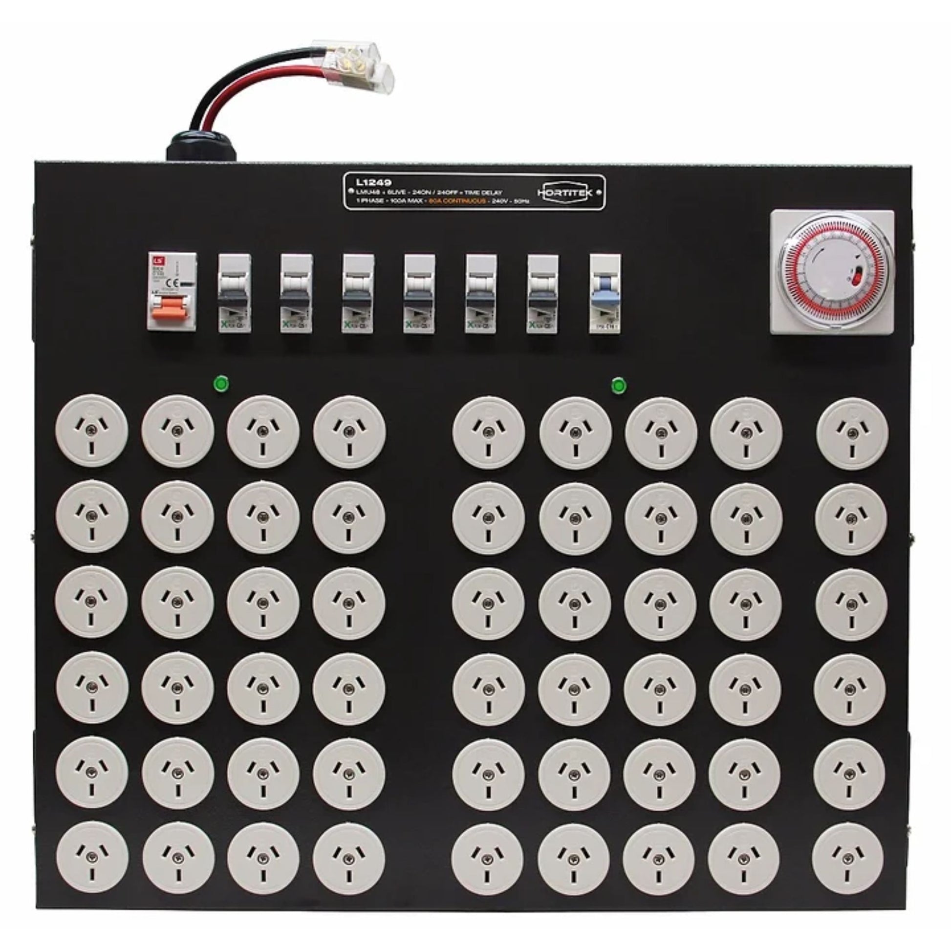 Front view of the Hortitek LMU 48 + 6 LIVE, 100A, 1-Phase grow room light management unit, displaying 48 Australian/New Zealand standard three-pin outlets, a built-in mechanical timer, and multiple high-amperage circuit breakers for comprehensive automated lighting control in large New Zealand grow operations