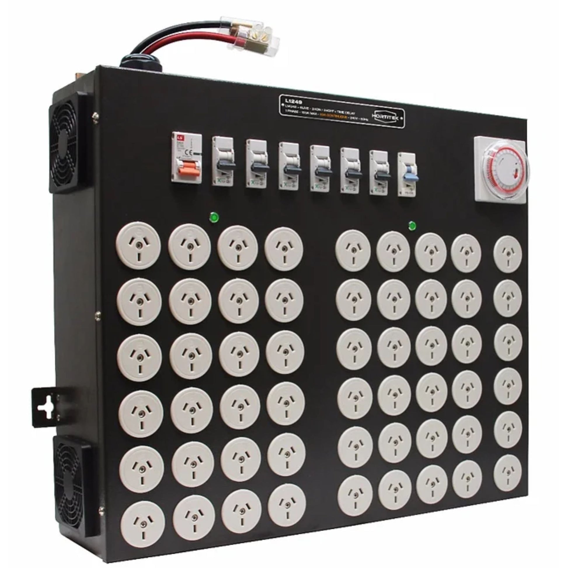 Three-quarter view of the Hortitek LMU 48 + 6 LIVE, 100A, 1-Phase industrial power distributor with Time Delay, featuring heavy-duty input terminals, dual cooling fans, and 48 individual Australian/New Zealand standard electrical outlets for large-scale, professional horticultural facilities