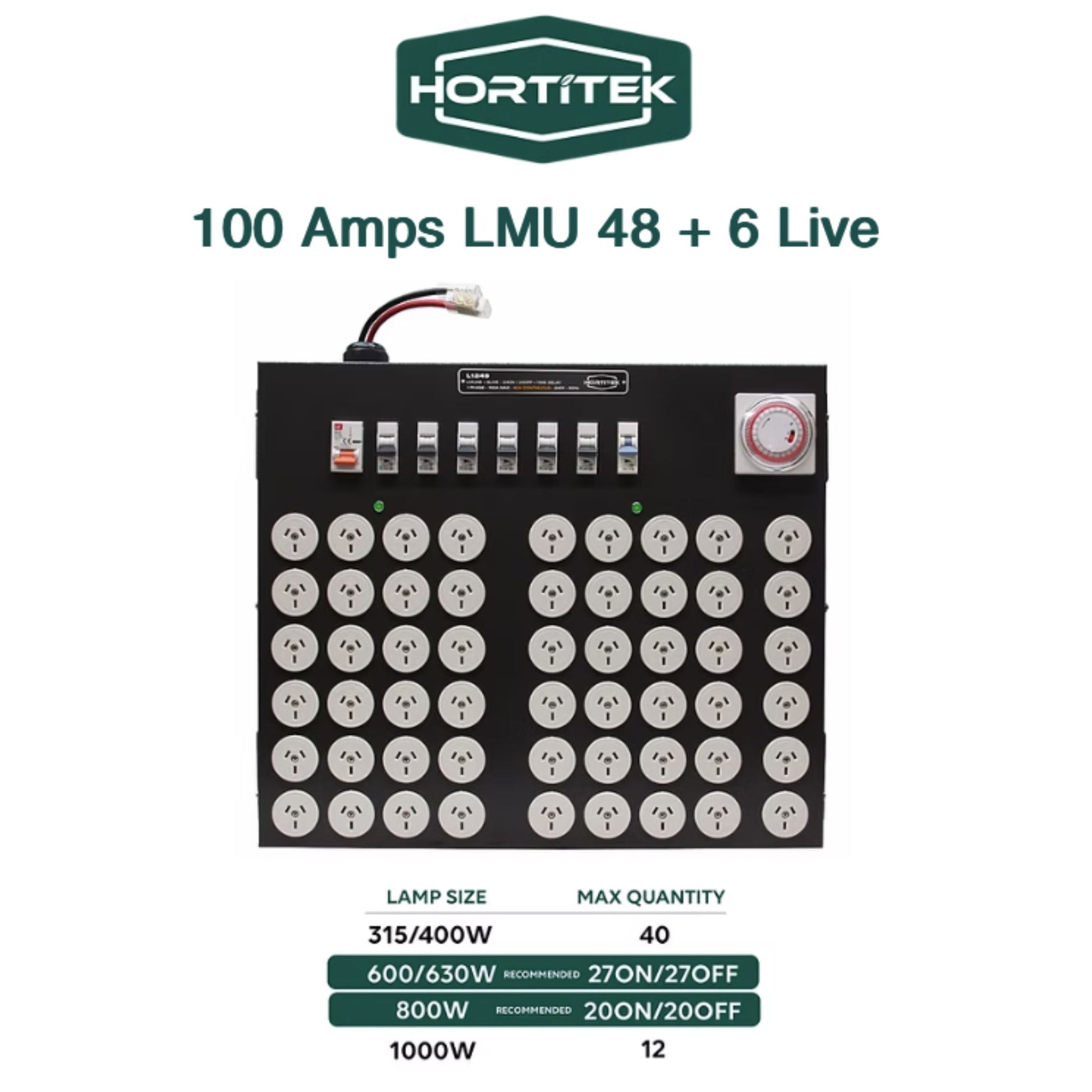 Front view of the Hortitek LMU 48 + 6 LIVE, 100A, 1-Phase light management unit, displaying a table of recommended maximum quantities for 315W, 400W, 600W, 630W, 800W, and 1000W grow lights, with 24 ON/24 OFF or 48 ON configurations for commercial New Zealand grow operations