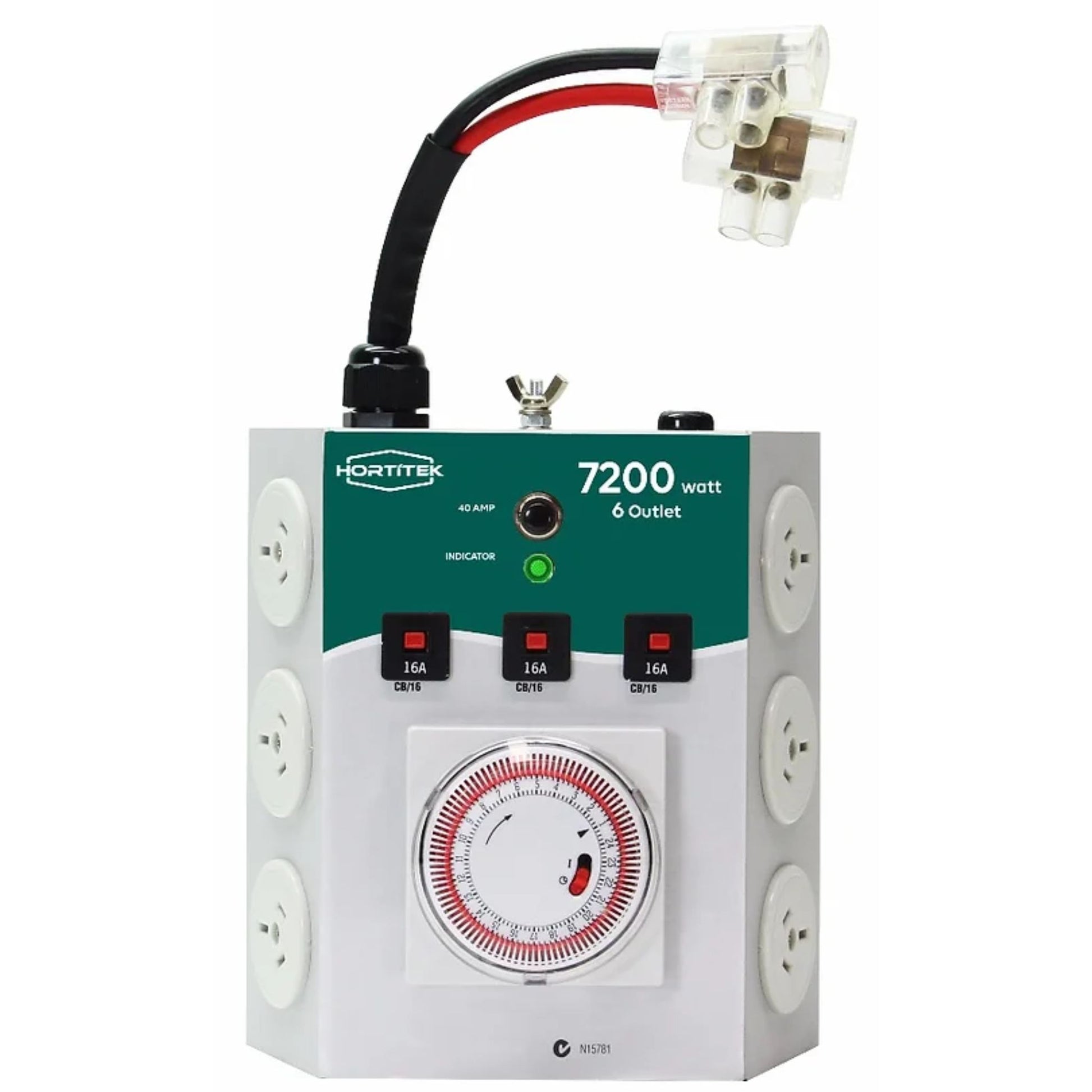 Front view of the Hortitek LMU 6, a 7200 watt, 6 outlet light management unit designed for automating grow lights in a hydroponic or indoor growing environment