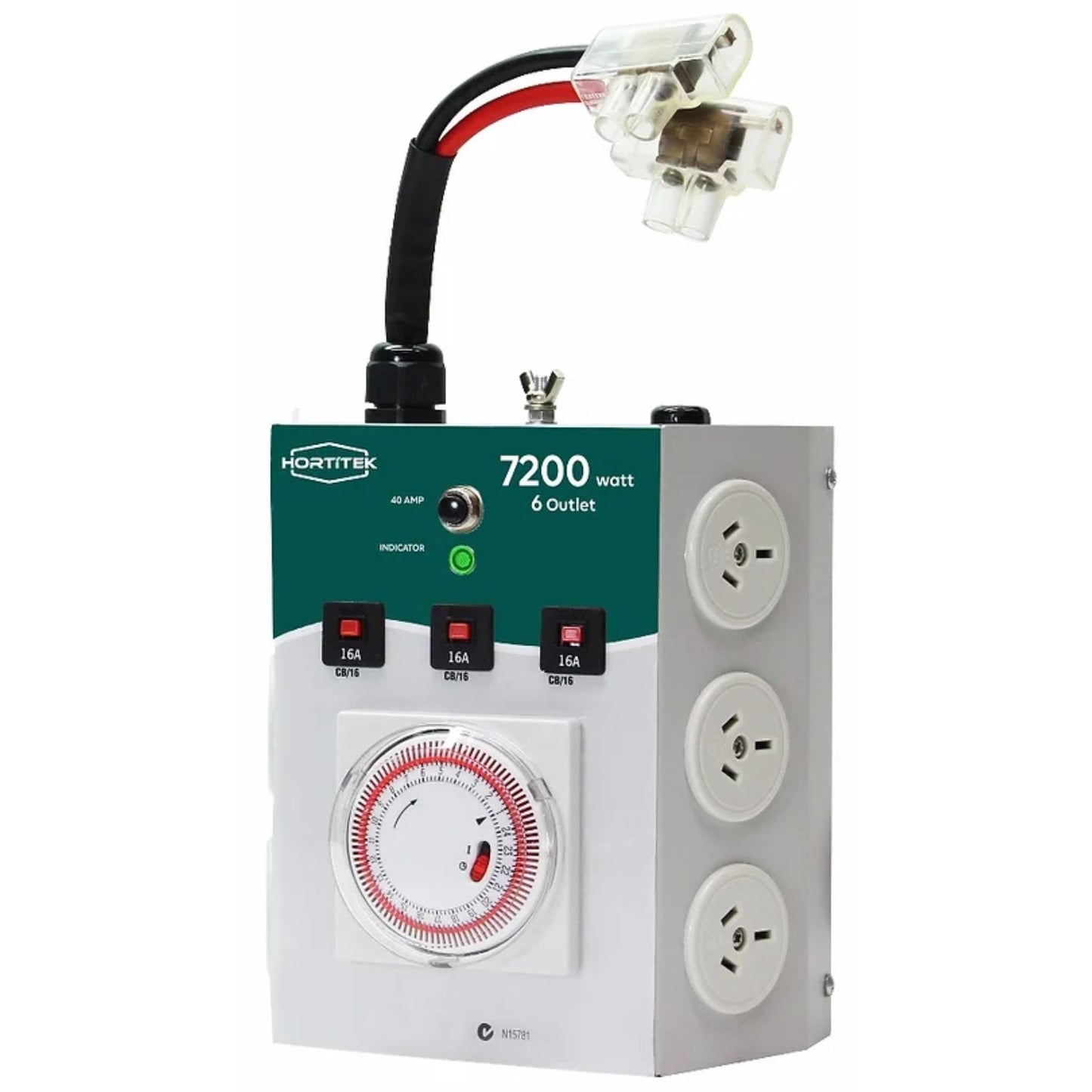 Hortitek LMU 6 Light Management Unit, a compact power controller for hydroponic grow lights with 6 outlets, a 40 Amp capacity, built-in timer, and circuit breakers
