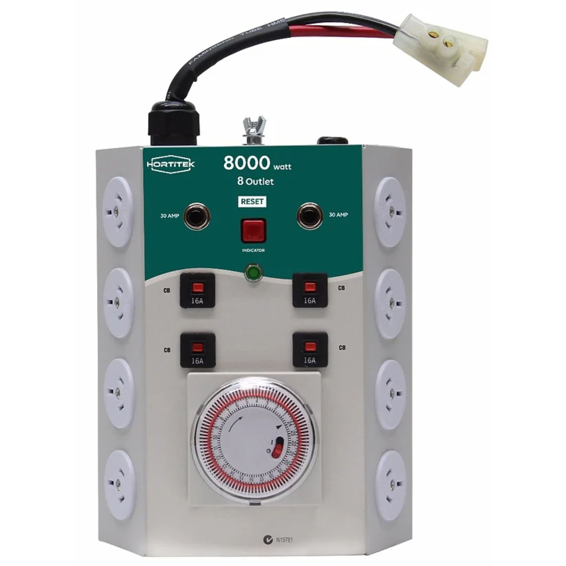Front view of the Hortitek LMU 8, an 8000 watt, 8 outlet light management unit designed for controlling multiple grow lights in a commercial or large-scale hydroponic growing environment
