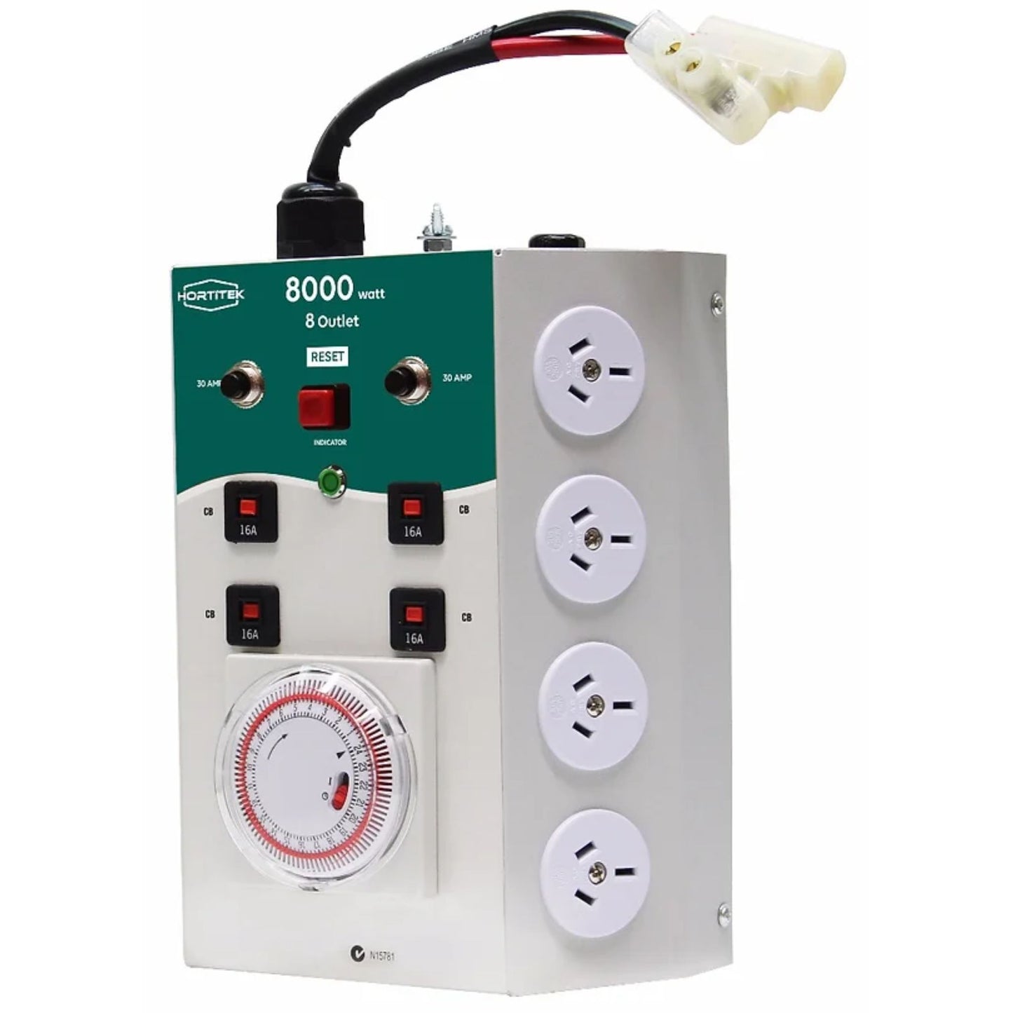 Hortitek LMU 8 Light Management Unit, a robust power controller for hydroponic grow lights with 8 outlets and a 60 Amp capacity, featuring a timer and circuit breakers