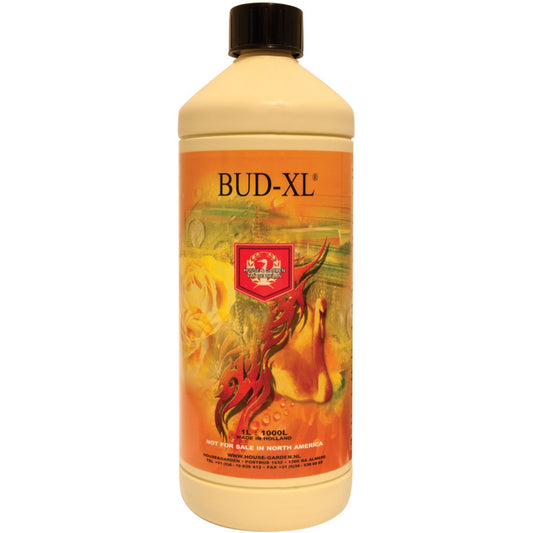 1-liter bottle of House & Garden Bud XL, a potent bloom stimulant that helps accelerate flowering and ripen buds for optimal harvest in NZ hydroponics