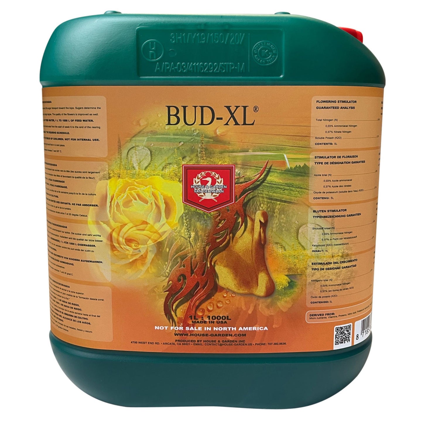 Large 5-liter bottle of House & Garden Bud XL, a premium flower enhancer designed to boost bud size and improve crop quality for New Zealand growers
