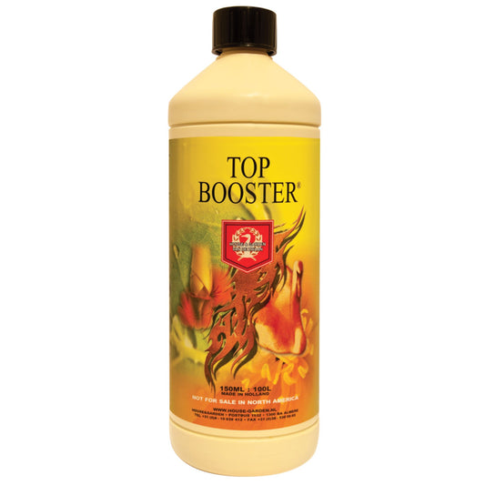 1-liter bottle of House & Garden Top Booster, a powerful late-stage flowering stimulant designed to improve flower density and quality for New Zealand growers