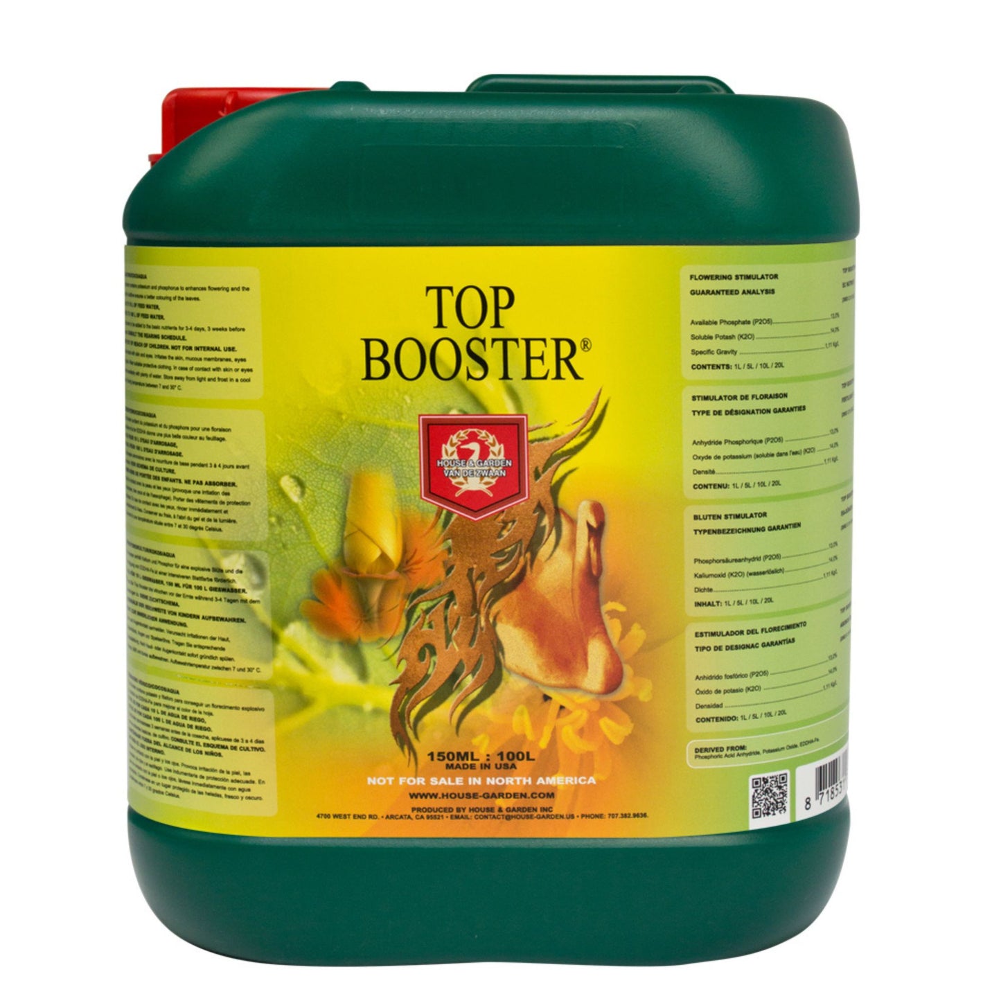 Large 5-liter bottle of House & Garden Top Booster, a high-performance bloom enhancer for increasing flower size and weight in hydroponic and soil gardens in NZ