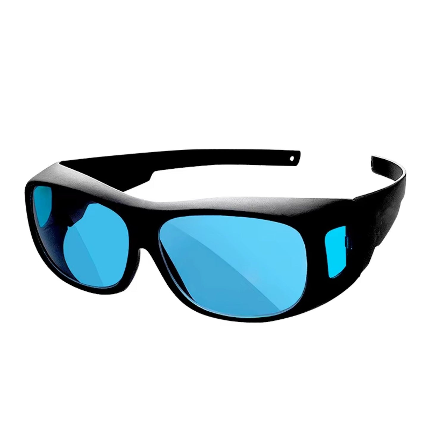 Black-framed hydroponic grow glasses with blue lenses, designed to provide eye protection and color correction under orange/yellow HPS (High Pressure Sodium) grow lights, allowing clear and natural viewing of plants in New Zealand indoor gardens