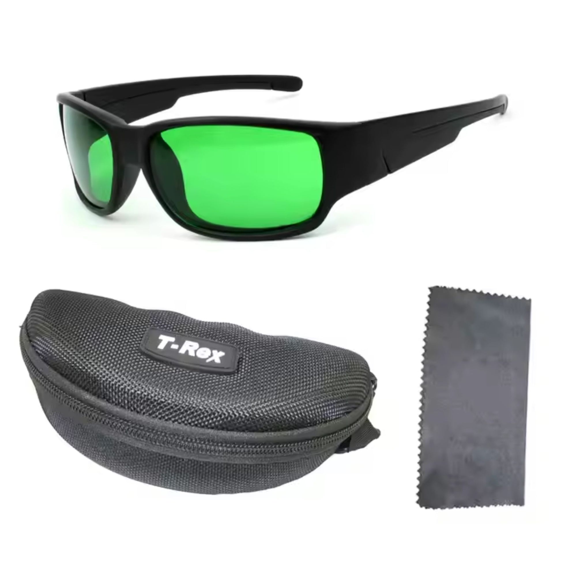 Set of green-lensed hydroponic grow glasses, accompanied by a protective zippered 'T-Rex' case and a cleaning cloth, ensuring safe storage and clear vision for eye protection under LED grow lights in New Zealand