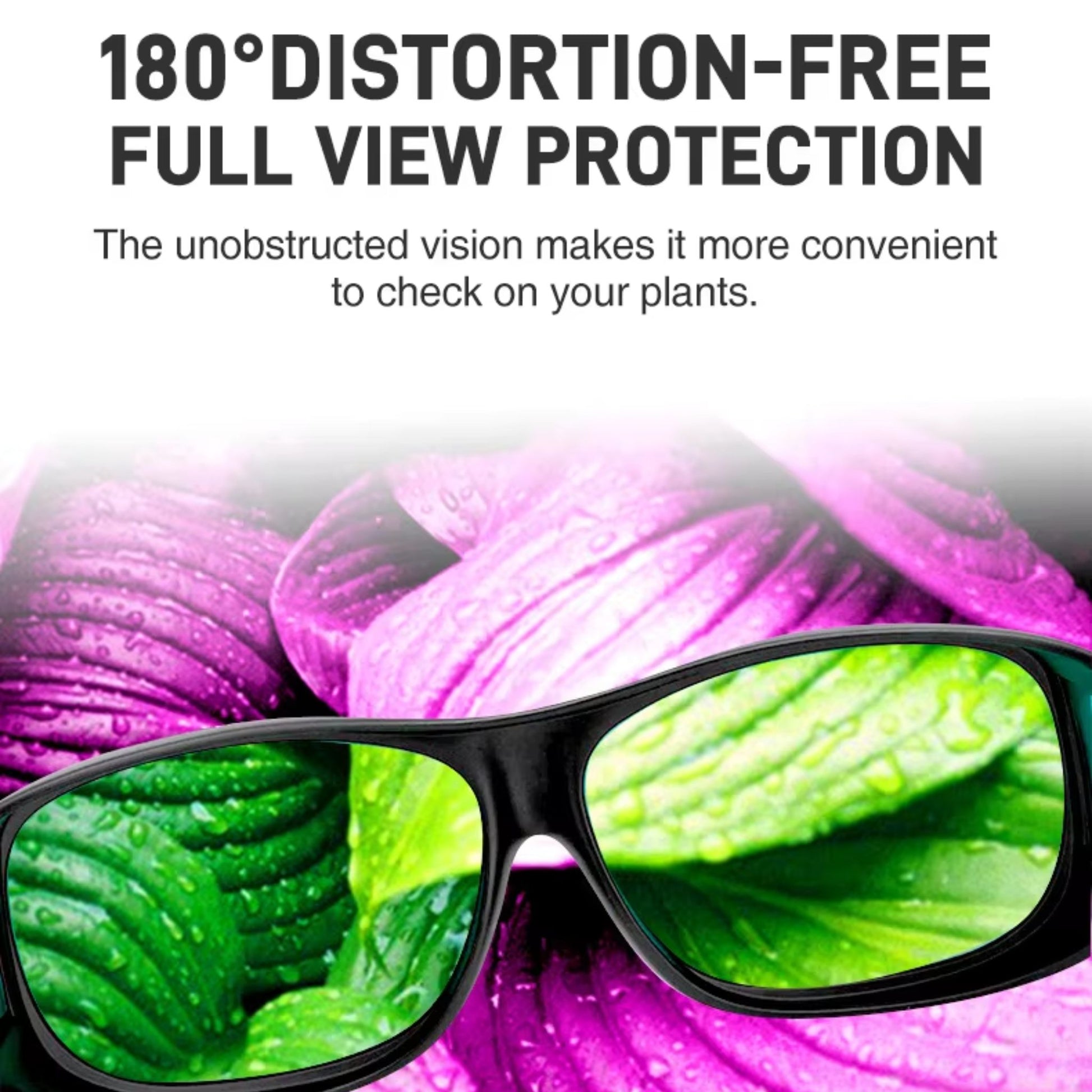 LED grow room glasses providing 180° distortion-free full view protection, allowing growers to inspect plants clearly under intense grow lights without color distortion, essential for plant health monitoring in New Zealand indoor gardens