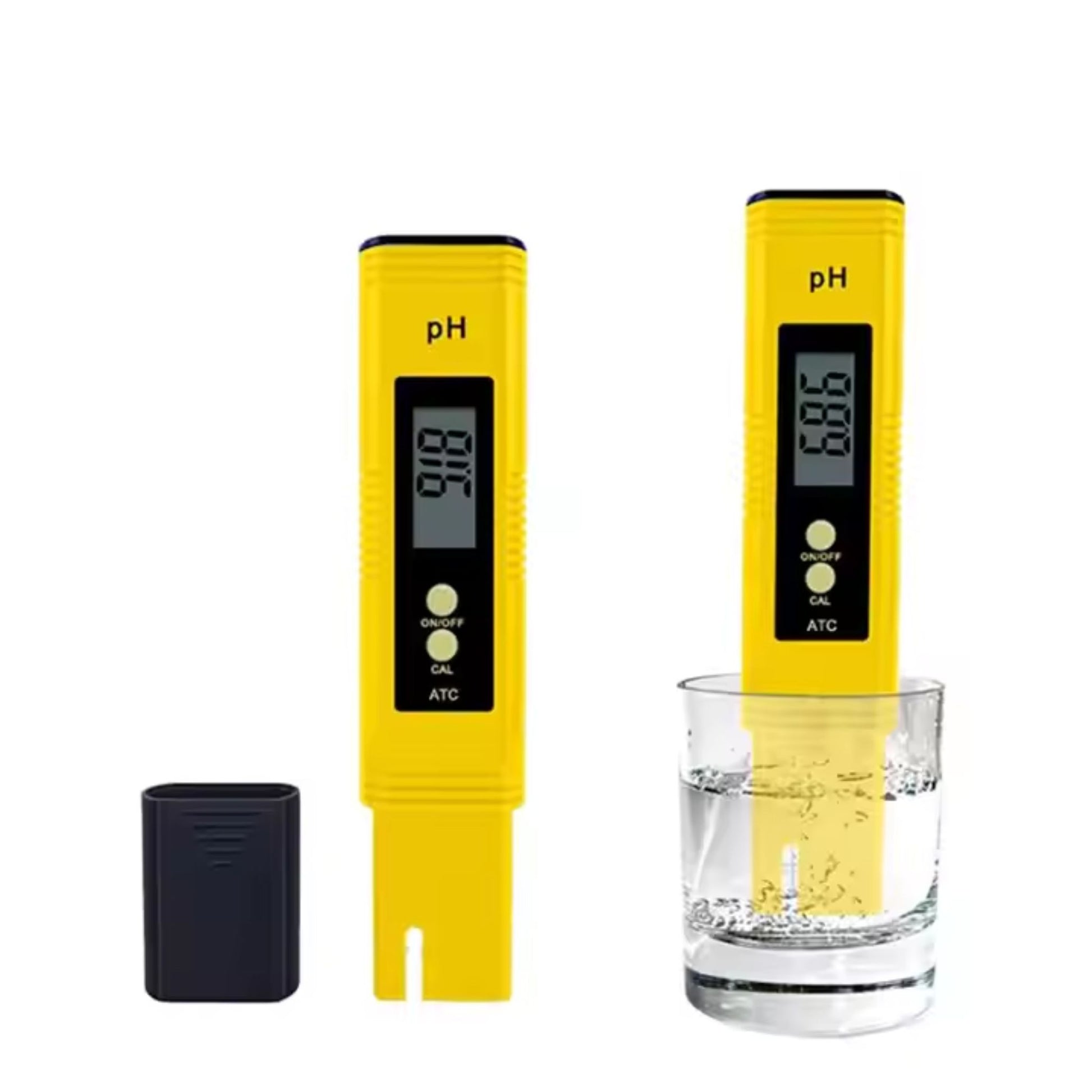 Two yellow high-precision pH meters: one with its protective cap removed, and another being used to measure the pH of water in a clear glass, demonstrating easy and accurate liquid testing for growers in New Zealand
