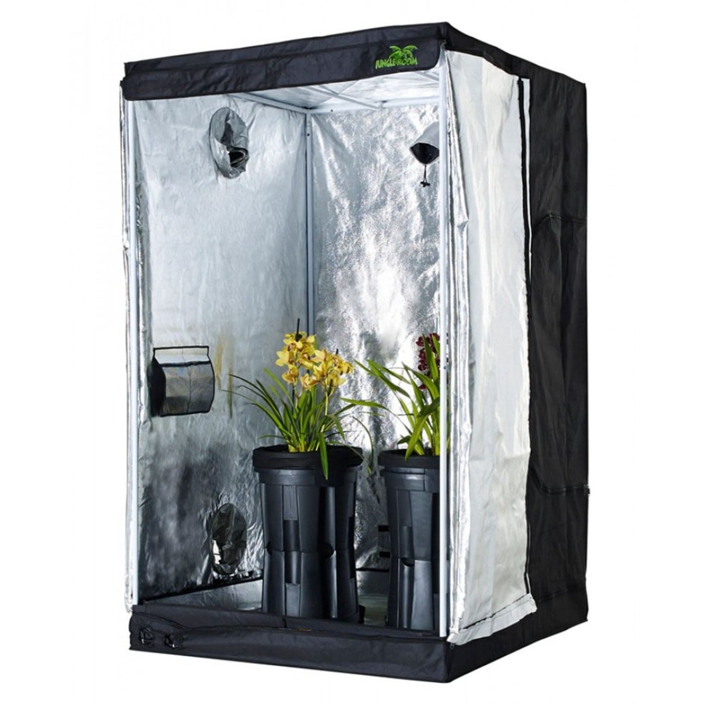 Jungle Room Grow Tent 100cm x 100cm x 200cm, an ideal standard size tent featuring a highly reflective interior, multiple ports for ventilation, and two potted plants for complete indoor cultivation in New Zealand