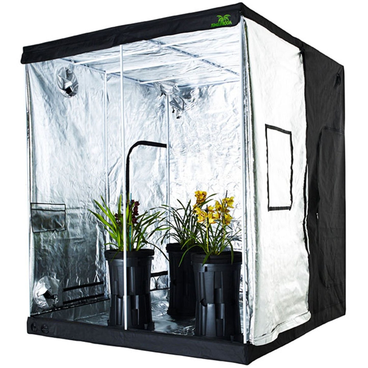 Jungle Room Grow Tent 200cm x 200cm x 200cm, a large square tent with a reflective interior and strong support poles, housing multiple potted plants for dedicated indoor hydroponic or soil gardening in New Zealand