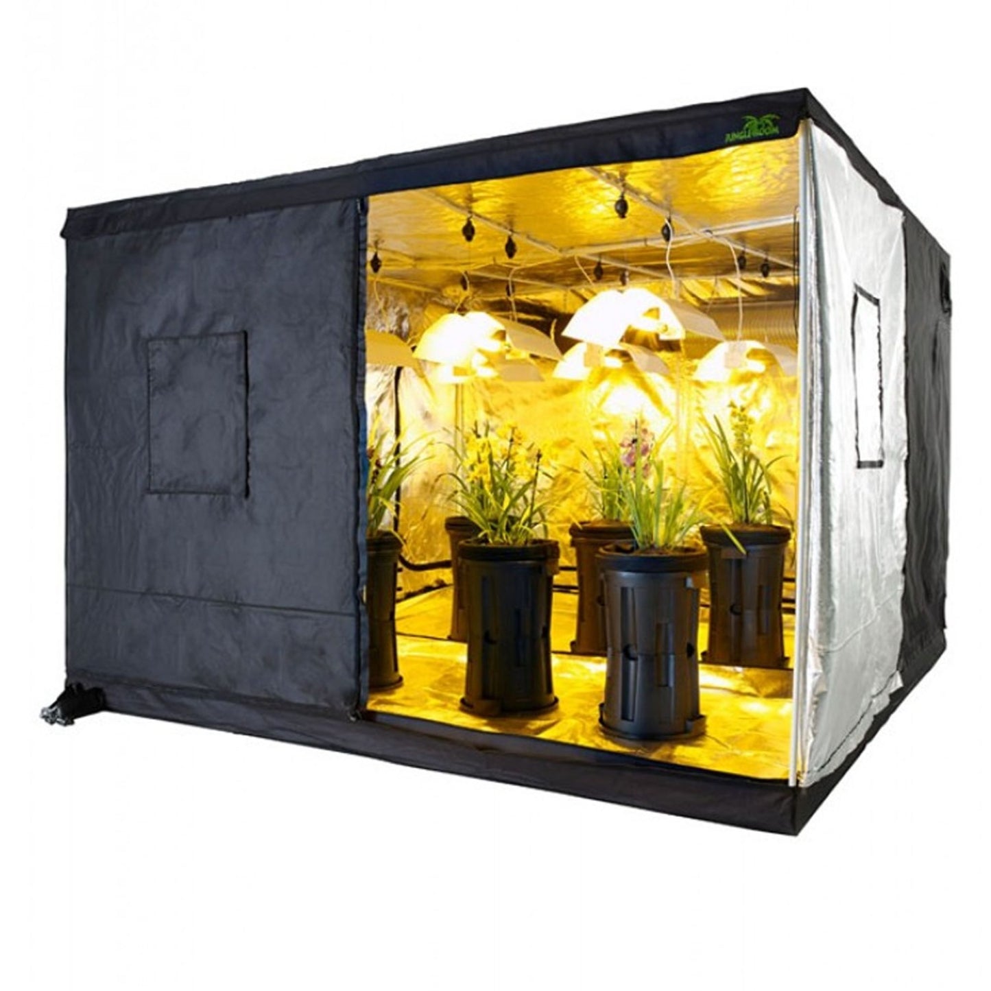 Jungle Room Grow Tent 220cm x 120cm x 200cm, a rectangular tent with a highly reflective interior, filled with healthy plants illuminated by bright grow lights, ideal for maximizing space in New Zealand indoor setups