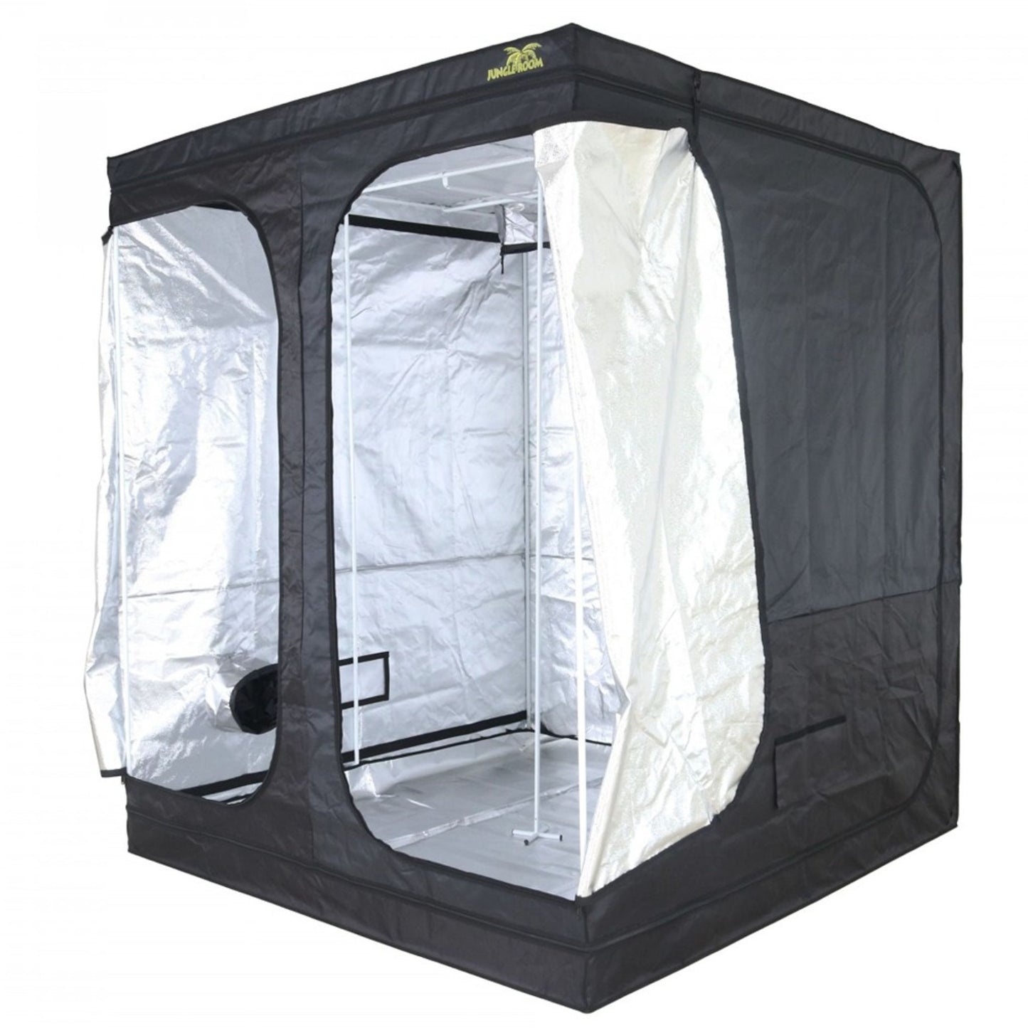 Empty Jungle Room Grow Tent 240cm x 240cm x 230cm with its front door unzipped, showcasing the highly reflective interior and robust framework, ready for setup in a New Zealand indoor growing space