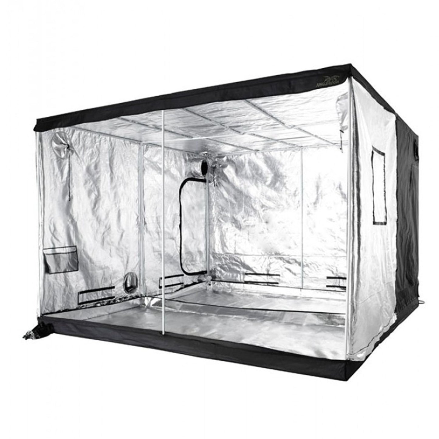 Angled view of a large Jungle Room Grow Tent 295cm x 295cm x 200cm, featuring a reflective interior, multiple vents, and strong support poles, providing ample space for extensive indoor horticulture in New Zealand