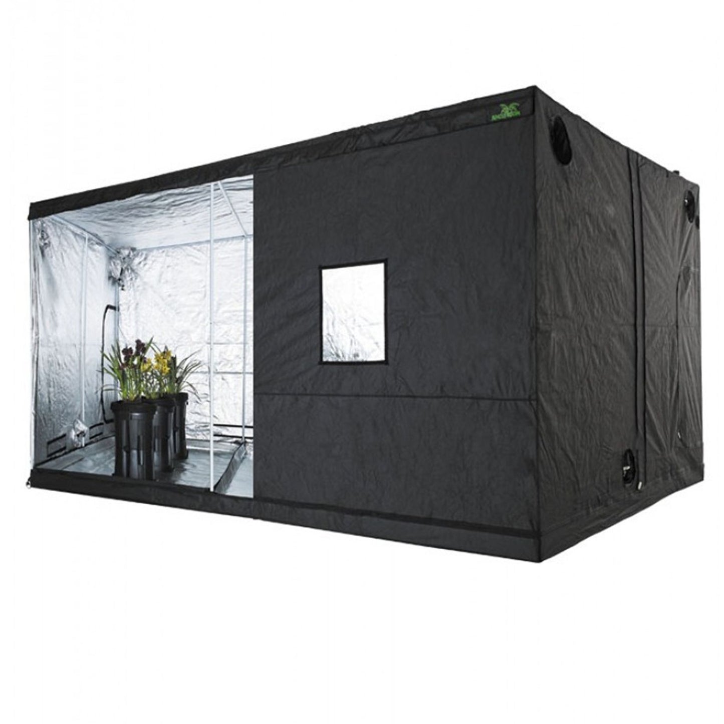Extra-large Jungle Room Grow Tent 450cm x 300cm x 230cm, featuring a highly reflective interior, sturdy framework, and multiple access points. The tent is partially open, revealing potted plants inside, demonstrating its suitability for expansive indoor gardening or commercial hydroponic setups in New Zealand
