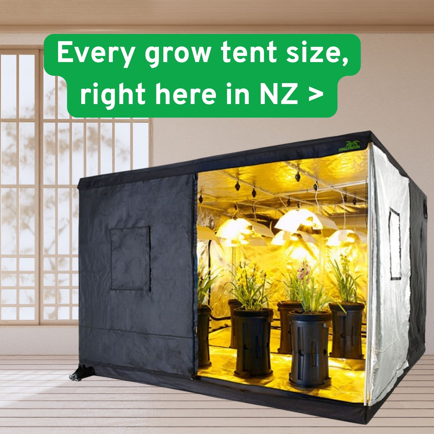 A large Jungle Room Grow Tent, partially open to reveal thriving plants under bright grow lights and a reflective interior. An overlay reads "Every grow tent size, right here in NZ >", emphasizing the wide range of indoor growing solutions available for New Zealand gardeners