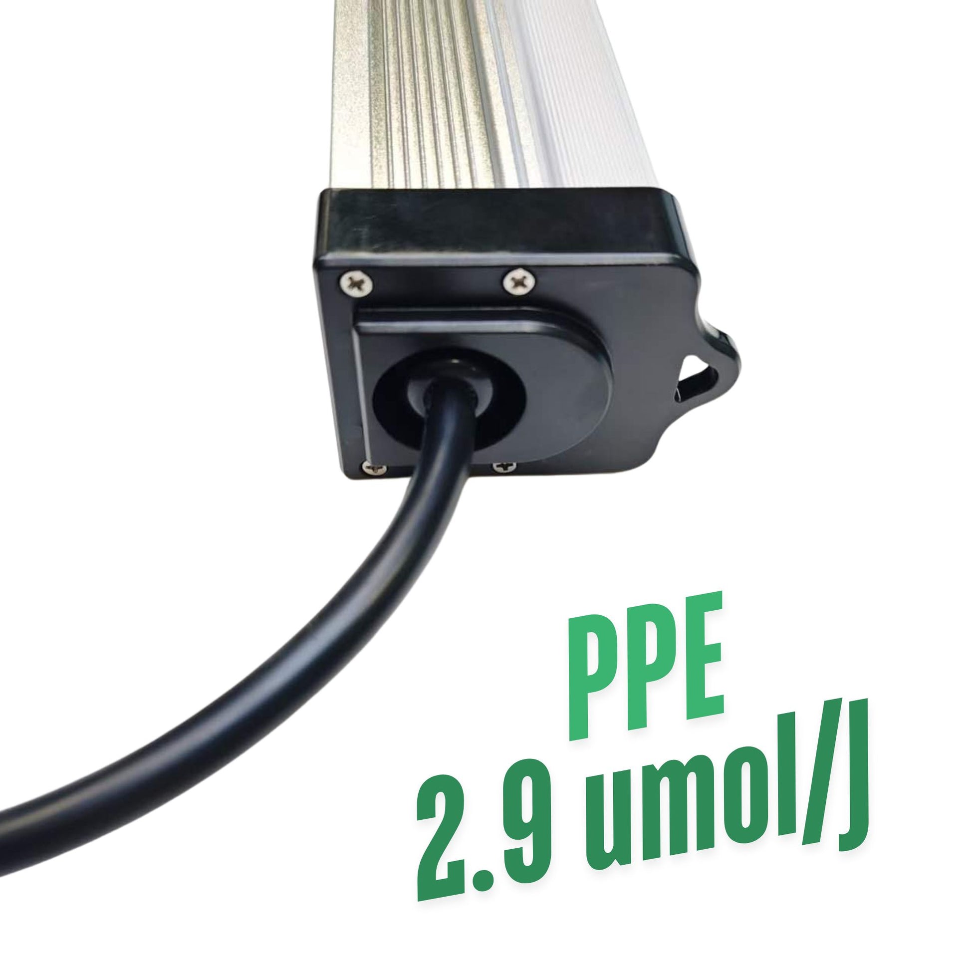 Close-up of the RYGH TECH 120W LED Under Canopy Grow Light's end cap with power input, prominently displaying its high Photosynthetic Photon Efficacy (PPE) of 2.9 µmol/J for efficient plant growth in New Zealand