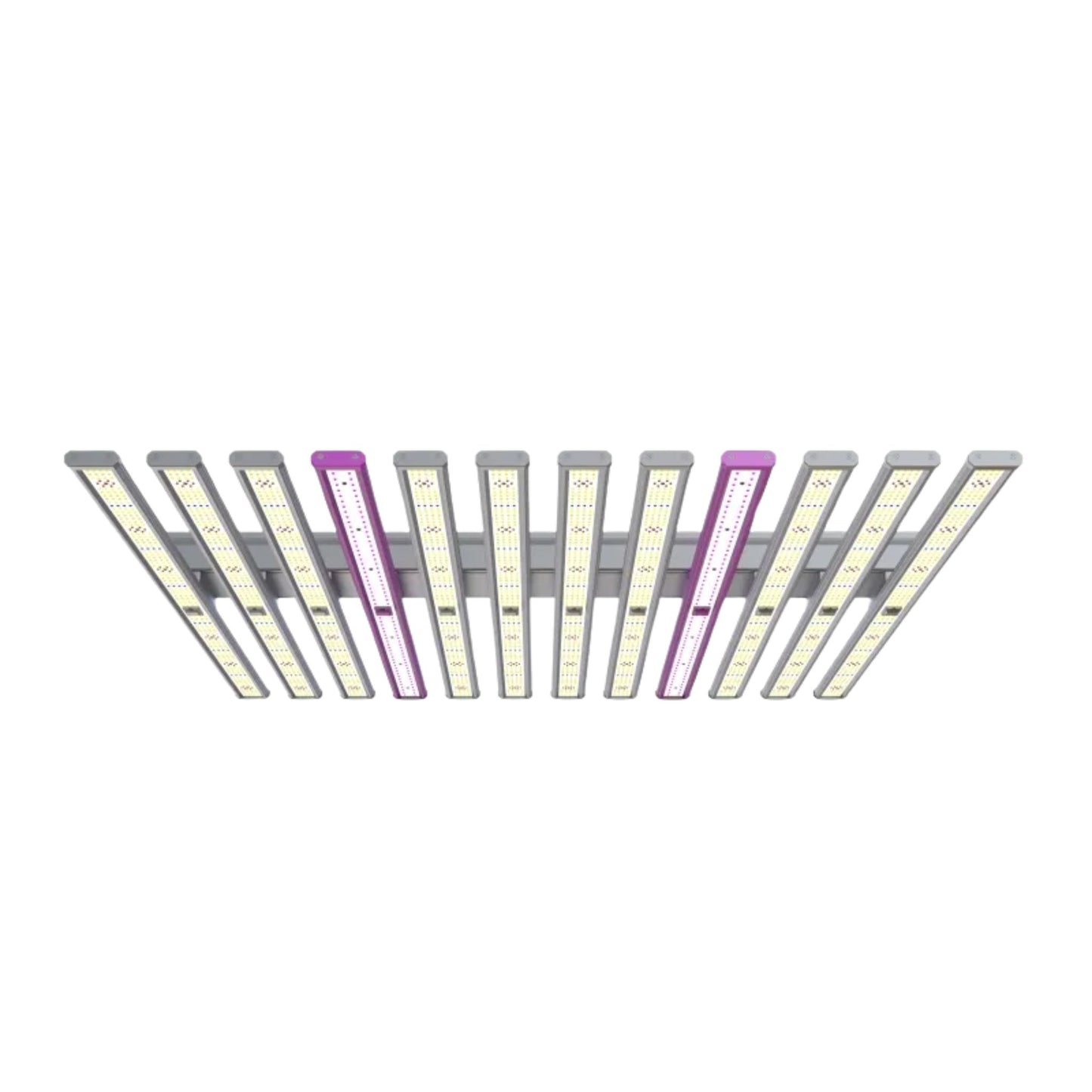 Angled view from below of the 1060W Full Spectrum 12-Bar LED Grow Light – Pro Series, showcasing its 12 parallel light bars with mixed white, red, UV, and IR diodes for comprehensive plant growth in New Zealand