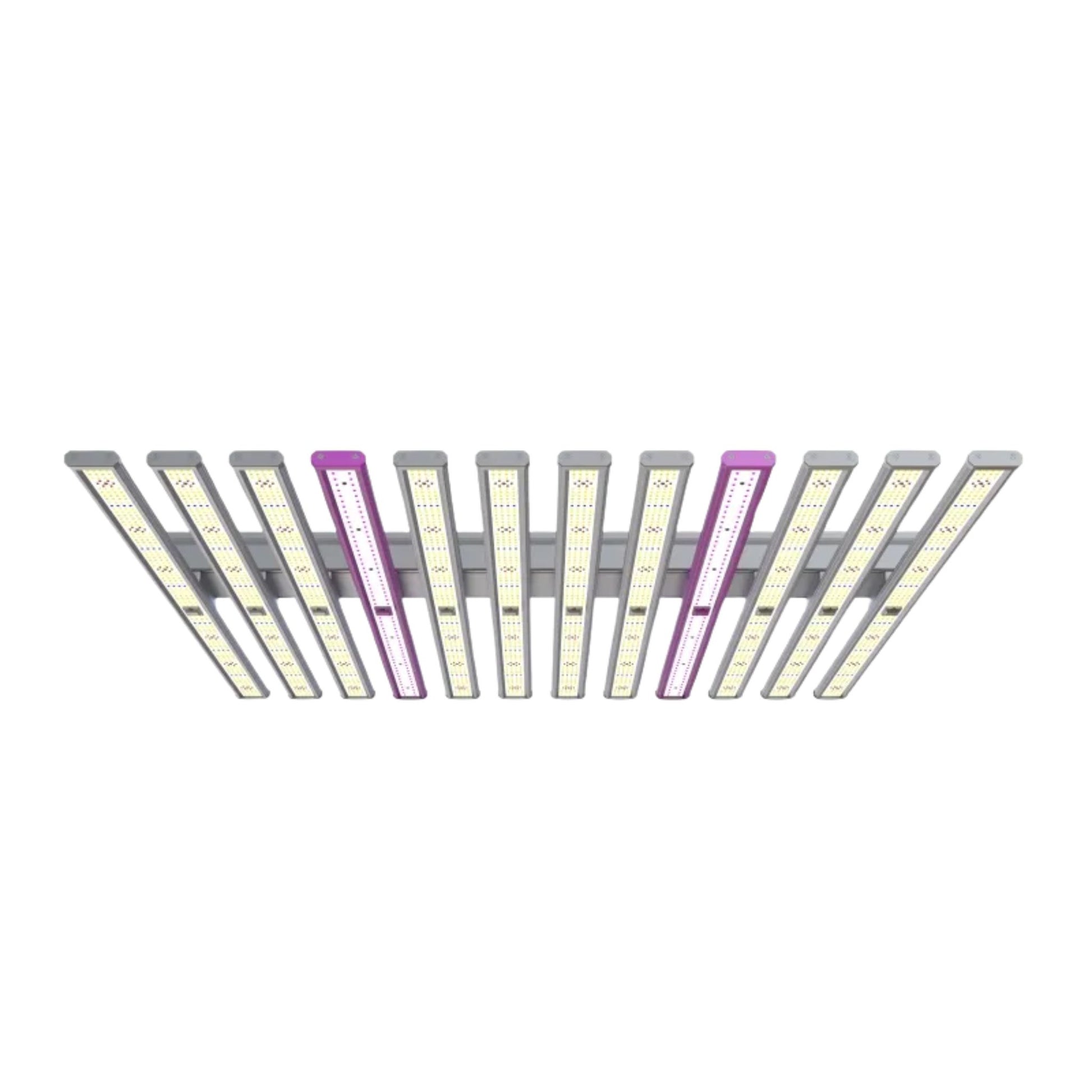 Angled view from below of the 1060W Full Spectrum 12-Bar LED Grow Light – Pro Series, showcasing its 12 parallel light bars with mixed white, red, UV, and IR diodes for comprehensive plant growth in New Zealand
