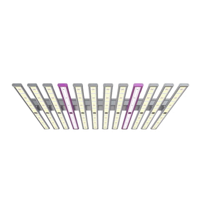 Angled view from below of the 1060W Full Spectrum 12-Bar LED Grow Light – Pro Series, showcasing its 12 parallel light bars with mixed white, red, UV, and IR diodes for comprehensive plant growth in New Zealand