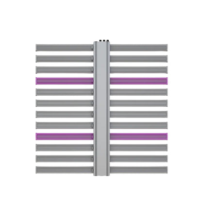 Top-down view of the 1060W Full Spectrum 12-Bar LED Grow Light – Pro Series, illustrating its robust central heatsink spine and twelve evenly spaced light bars, designed for uniform light coverage in large indoor grow operations across New Zealand