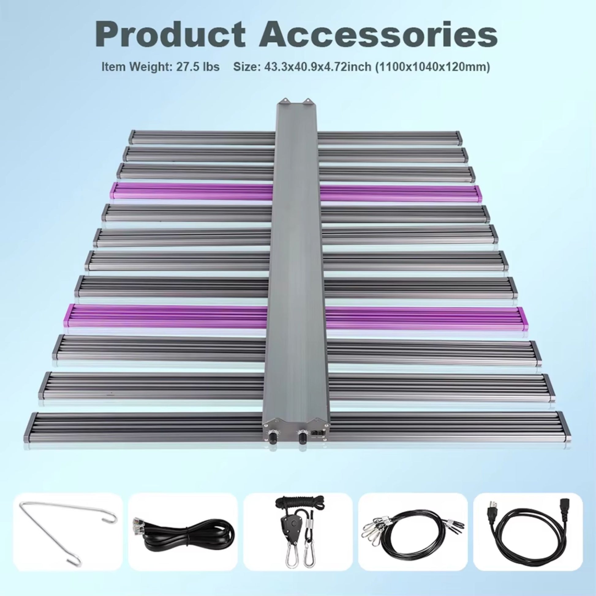 Top-down view of the 1060W LED Grow Light, showcasing its physical dimensions (1100x1040x120mm) and essential product accessories including adjustable rope hangers, power cords, and daisy-chain cables for easy setup in New Zealand grow operations