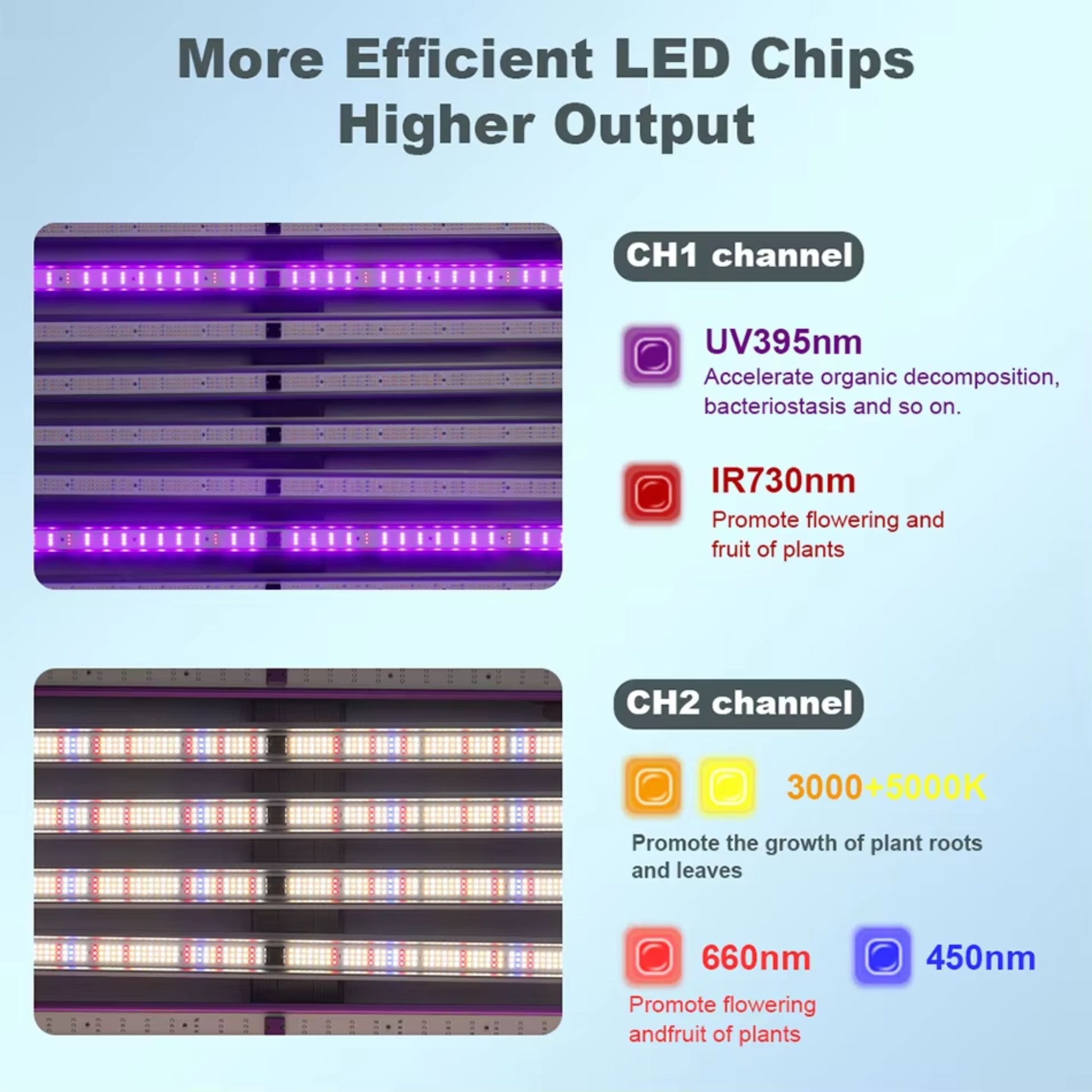 Detailed graphic illustrating the multi-channel LED spectrum of the 1060W grow light, showing dedicated UV (395nm), IR (730nm), 3000K, 5000K, 660nm, and 450nm chips to accelerate organic decomposition, promote flowering, and support root/leaf growth for comprehensive plant development in New Zealand