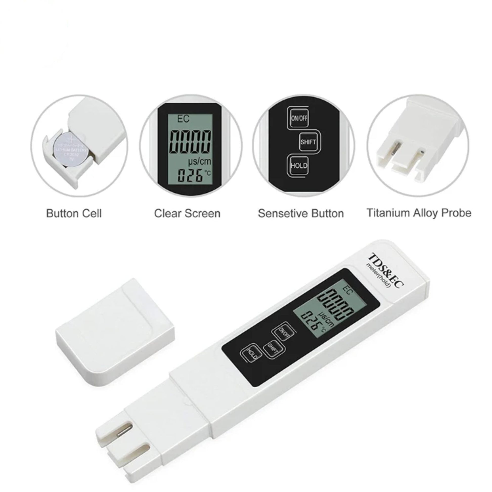 White 4-in-1 Digital Hydroponic Meter with visual callouts highlighting its key features: button cell battery, clear digital screen displaying EC/TDS, sensitive control buttons, and a titanium alloy probe for accurate pH, EC, TDS, and temperature measurements for growers in New Zealand