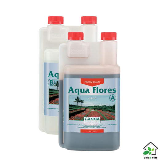 Two 250ml bottles of CANNA Aqua Flores nutrient solution for the flowering stage in hydroponic systems