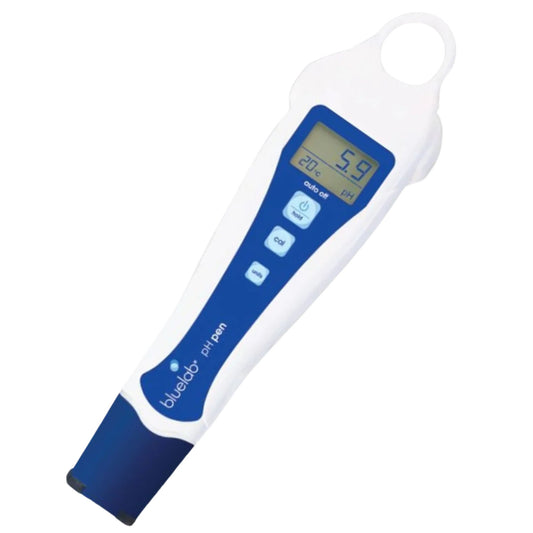 Angled view of the Bluelab pH Pen, a blue and white handheld digital pH meter displaying a reading of 5.9 pH, used for precise acidity and temperature measurement in plant nutrients and water in New Zealand