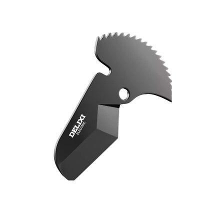 Close-up of the sharp, black SK5 steel blade for the Delixi pipe cutter, showing the serrated cutting edge