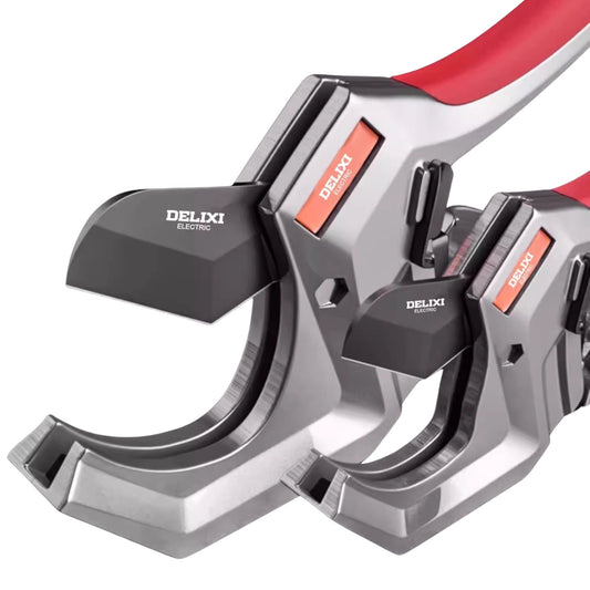 Two Delixi SK5 pipe cutters showcasing the ergonomic red and silver handle design and overall sturdy construction