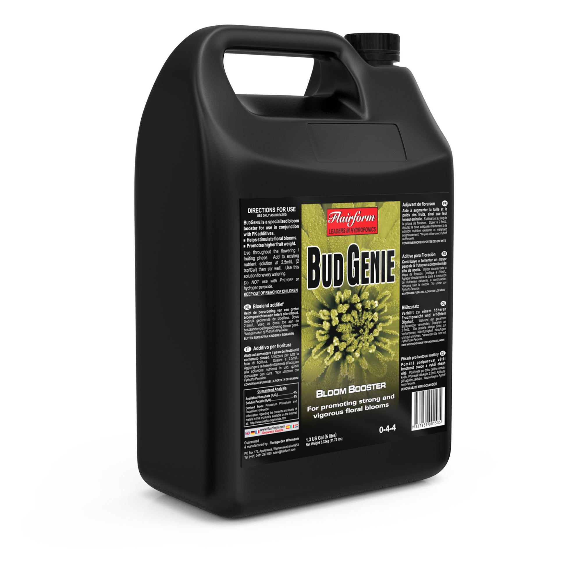 A 5-liter jug of Flairform Bud Genie, a concentrated liquid flower enhancer designed to significantly increase bud size and density for optimal harvests in NZ