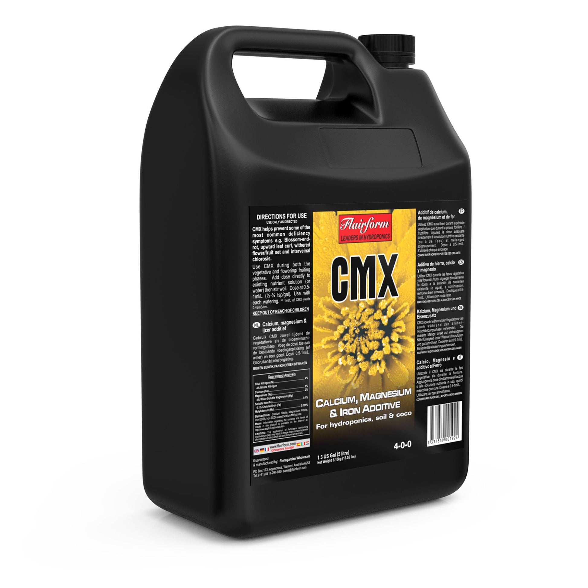 A 5-liter jug of Flairform CMX, a powerful calcium, magnesium, and iron nutrient additive designed to correct and prevent common mineral deficiencies in plants grown in hydroponics, soil, or coco in NZ