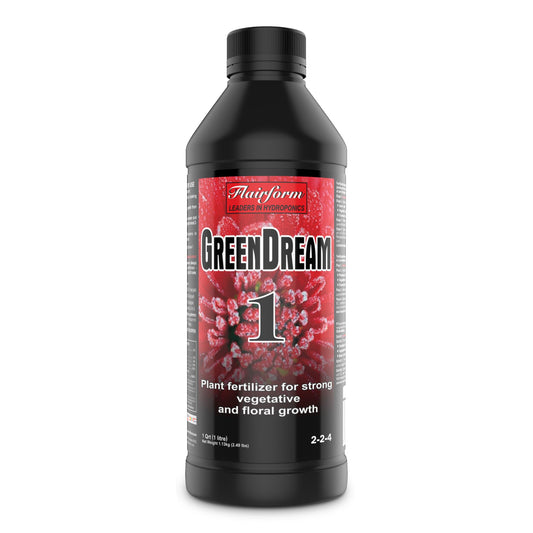 1-liter bottle of Flairform Green Dream 1, a versatile plant fertilizer promoting strong vegetative and floral growth for hydroponic, soil, and coco cultivation in New Zealand