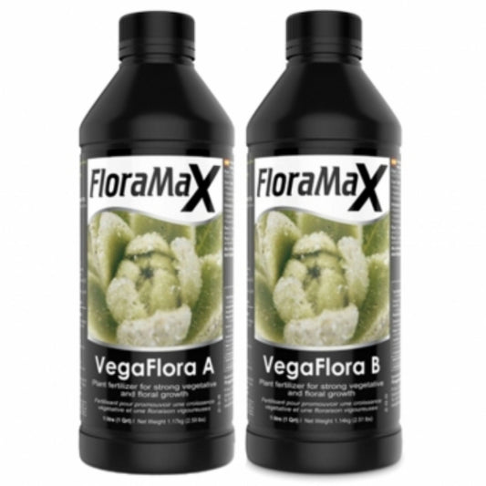 Two 1-liter bottles of FloraMax VegaFlora A and B, a complete 2-part base nutrient system for robust vegetative and strong floral growth in all hydroponic and soil systems in New Zealand