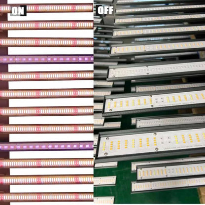 A split-panel image showing full-spectrum LED grow light bars. The left side shows the lights turned on, glowing with bright pink and white light. The right side shows the lights turned off, revealing the construction of the bars and the individual LED chips