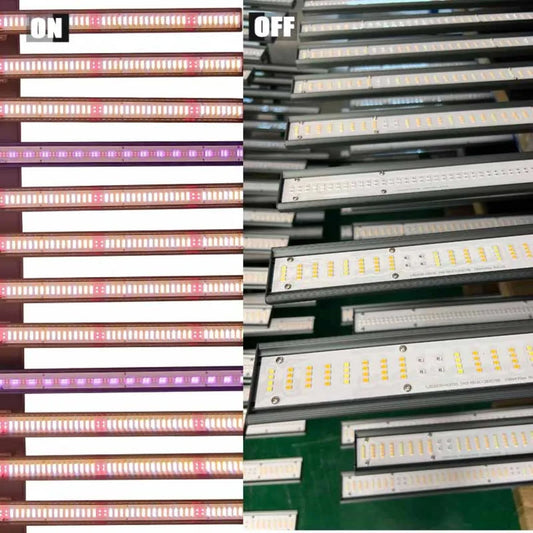 A split-panel image showing full-spectrum LED grow light bars. The left side shows the lights turned on, glowing with bright pink and white light. The right side shows the lights turned off, revealing the construction of the bars and the individual LED chips