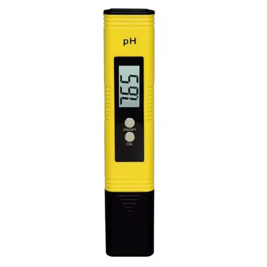 Front view of a bright yellow high-precision digital pH meter, showing a reading of 7.65 pH, designed for accurate and reliable water and nutrient solution testing in hydroponic and gardening applications in New Zealand
