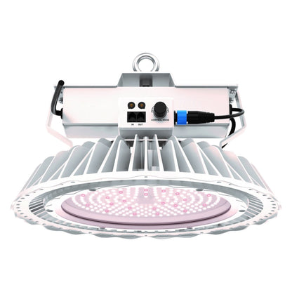 Hortitek Gen 2 UFO LED 300W high-bay style grow light, featuring robust white heat sink fins, a central control knob, and daisy-chain ports, providing powerful illumination for larger indoor gardens in New Zealand