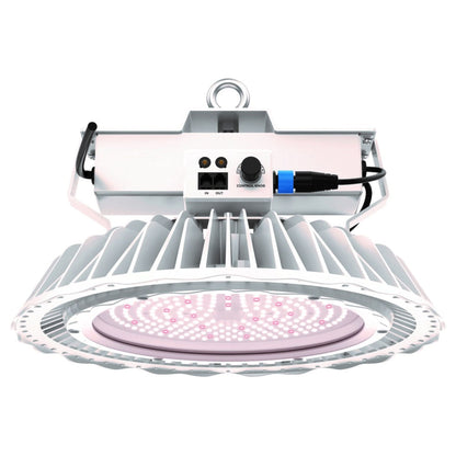 Hortitek Gen 2 UFO LED 500W commercial grow light, a high-power fixture with extensive heat dissipation fins, integrated dimming control, and multiple connectivity options, designed for intensive plant cultivation in New Zealand