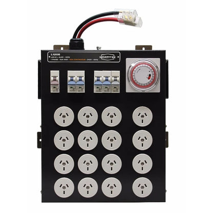 Front view of the Hortitek LMU 12 + 4 LIVE, 63A, 1-Phase light management unit, prominently displaying the 12 Australian/New Zealand standard three-pin outlets, built-in timer, and circuit breakers for automated grow room control