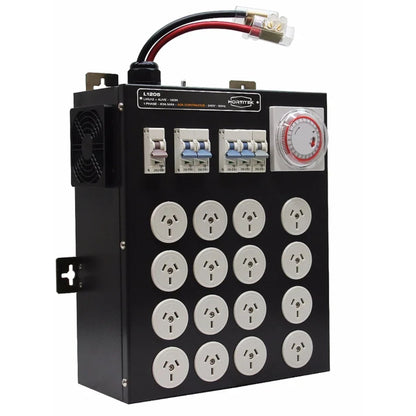 Three-quarter view of the Hortitek LMU 12 + 4 LIVE, 63A, 1-Phase power controller, featuring heavy-duty power input and 12 Australian/New Zealand standard three-pin electrical outlets for horticultural lighting