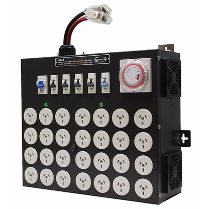 Side angle view of the Hortitek LMU 24 + 4 LIVE, 100A, 1-Phase light management unit, showing its robust circuit breakers, integrated timer, 12ON/12OFF or 24ON selector switch, and cooling fans for heavy-duty grow room automation in New Zealand