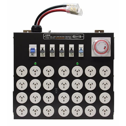 Front view of the Hortitek LMU 24 + 4 LIVE, 100A, 1-Phase grow room light management unit, displaying 24 Australian/New Zealand standard three-pin outlets, a built-in mechanical timer, and multiple high-amperage circuit breakers for comprehensive automated lighting control