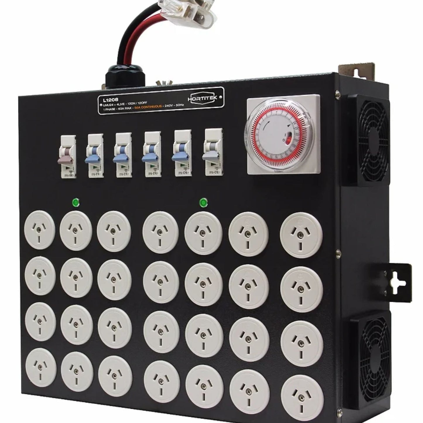 Side angle view of the Hortitek LMU 24 + 4 LIVE, 63A, 1-Phase light management unit, showing the integrated digital timer, multiple circuit breakers, and cooling fans for precise grow room automation in New Zealand