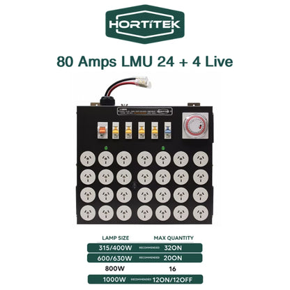 Front view of the Hortitek LMU 24 + 4 LIVE, 80A, 1-Phase lighting management unit, displaying a table of recommended maximum quantities for 315W, 400W, 600W, 630W, 800W, and 1000W grow lights, with 12 ON/12 OFF or 24 ON configurations for large New Zealand grow rooms